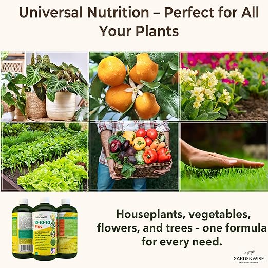 10-10-10 All Purpose Plant Food - Liquid Fertilizer with Seaweed Kelp & Iron - Indoor & Outdoor Plant Food, Vegetables, Flowers, Lawn & Garden 1x16 oz