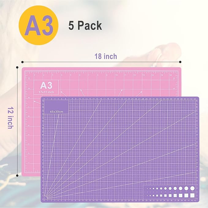 5 PCS Self Healing Cutting Mat 12" x 18": Sewing Rotary Cutting Mat for Crafts and Fabric Sewing Scrapbooking Quilting and Precision Cutting Purple & Pink Design (5, Purple & Pink)