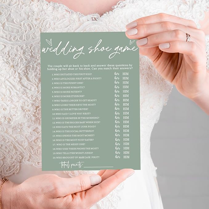 Bridal Shower Games Cards, Wedding Shoe Game, Bridal Shower Games 25 Guests, Engagement Party Wedding Games for Guests, Minimalist Green Wedding Party Supplies - C04