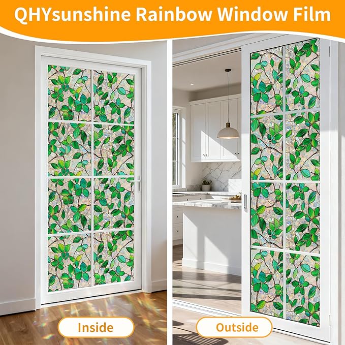 Stained Glass Window Privacy Film Decorative Rainbow Static Clings – Ideal for Home & Office, Adhesive-Free, Removable, UV-Blocking (Green Rainbow, 17.5 X 78.7 in)