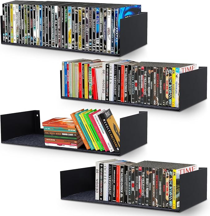 U Shape Floating Shelves Wall Mount Metal Bookshelf CD DVD Storage Display Shelves, Black Set of 4