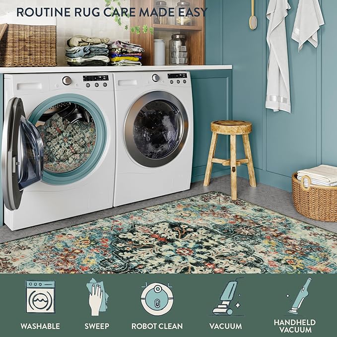 Lahome Bohemian Floral Medallion Area Rug - 4x6 Teal Soft Bedroom Rug Washable Entryway Mat, Non Slip Pet Friendly Indoor Floor Accent Carpet for Bathroom Mudroom Basement Studio