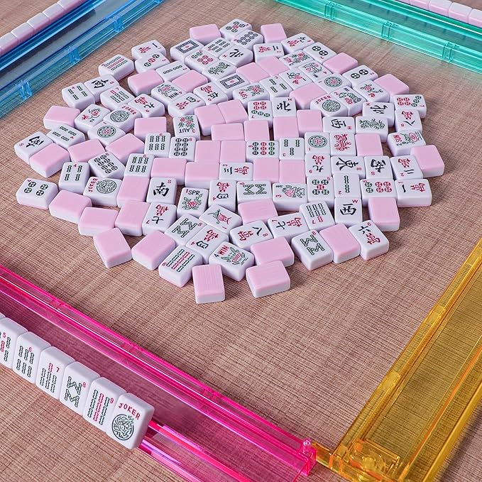 American Mahjong Game Set, 166 Pink Tiles, Pink Bag and Entire Accessories, 4 All-in-One Rack/Pushers, Mahjong Tiles Set