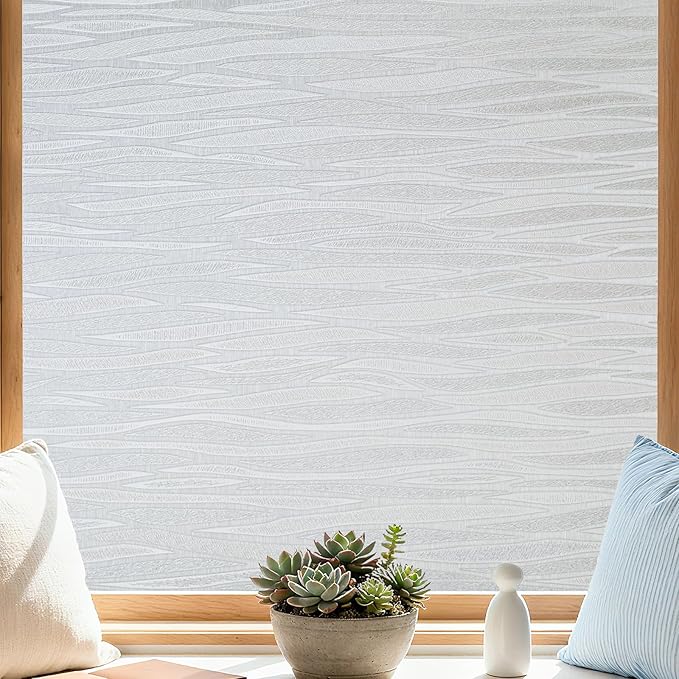 Finnez Frosted Privacy Window Film Static Cling, Non-Adhesive Decorative Cover for Glass Door & Windows, No Glue Removable Clings UV Blocking Waves Design for Home Office 45.2 x 78.7 Inches