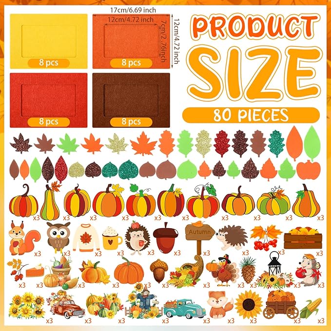 Ferraycle 232 Pcs Fall DIY Picture Frames Craft Kit Thanksgiving Felt Photo Frames with Leaves Pumpkin Harvest Crafts with Foam Stickers for Autumn Party Favor(Multi Color,Classical)