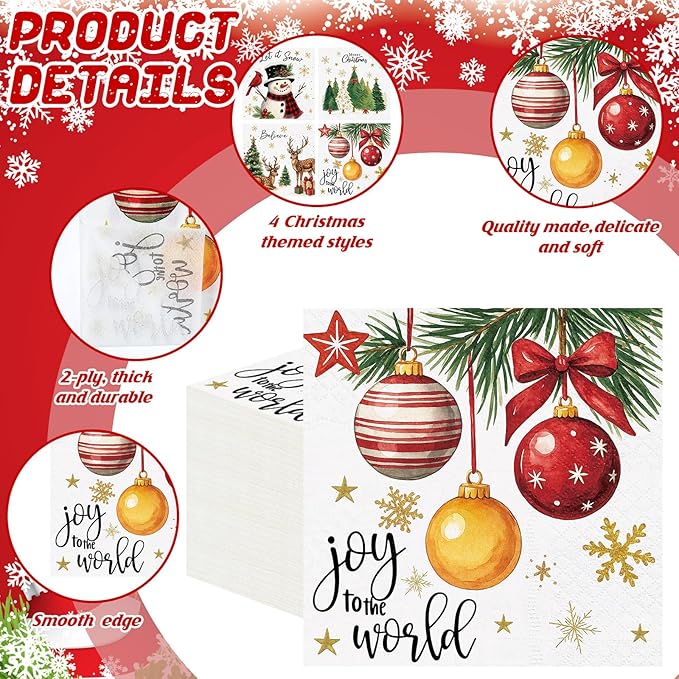 Janlaugh 200 Pcs Christmas Paper Cocktail Napkins Disposable 2 Ply Xmas Style Decoupage Beverage Napkins for Xmas Holiday Winter Dinner Table Decor (Classic Style)