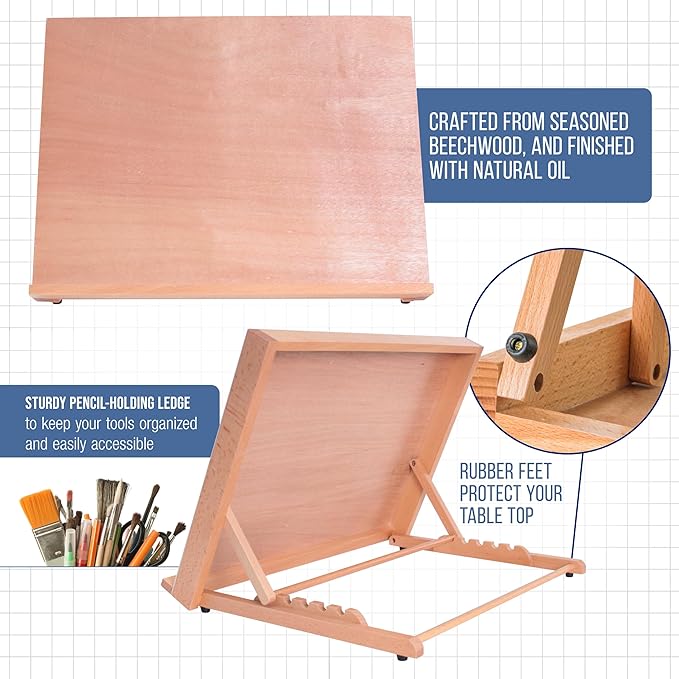U.S. Art Supply Large 18-1/2" x 14-1/8" (A3) Adjustable Wood Art Drawing Board - 6 Angles, Beechwood Construction, Pencil Ledge - Perfect for Designing, Drafting, Sketching & Architecture Work