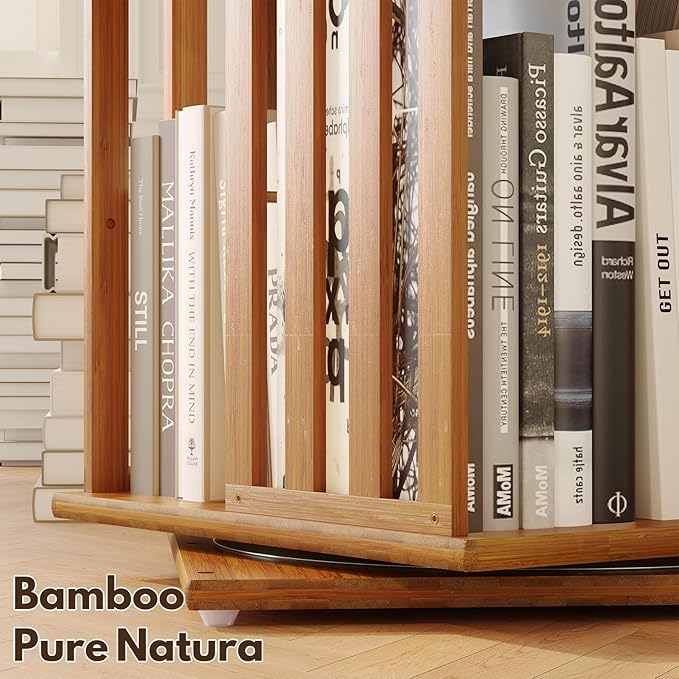 YOWOS Rotating Bookshelf Tower, 360 Display Spinning Bookcase, Bamboo Bookshelf Floor Standing Storage Rack, Wood Narrow Book Shelf Organizer for Kids&Adults (Walnut, 4 Tier)