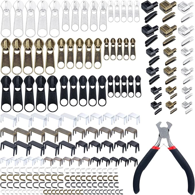 217 Pieces Zipper Repair Kit Replacement, Zipper Pulls, Head Slider, Installation Tools, Stopper Slider Repair Tool Kit for Metal Plastic Nylon Coil Jacket Zippers (Size 8/5/3)