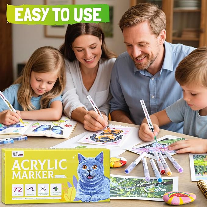 LET'S RESIN PAINT Acrylic Paint Markers Brush Tip 72 Colors,Automatic Ink Control Acrylic Paint Pens,No Bleed & Good Coverage Acrylic Markers for Coloring Books,Rock Painting,Canvas,Ceramic,Wood