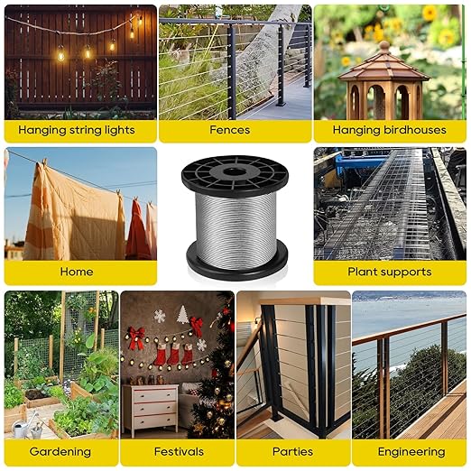 316 Stainless Steel Cable, 600FT 1/32IN Wire Rope 7 * 7 Strand with 150Pcs Aluminum Sleeves Stops, Guide Wire for Outdoor String Lights for String Lights Hanging, Clotheslines, Trellis (600FT)