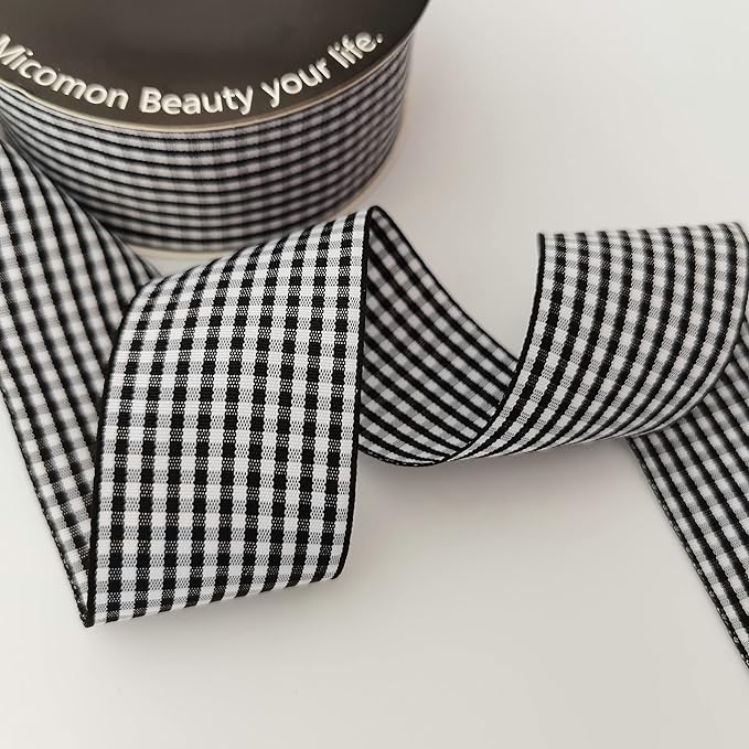 1.5 Inch Black and White Woven Edge Gingham Ribbon 25 Yards Each Roll 100% Polyester (1-1/2", Black)
