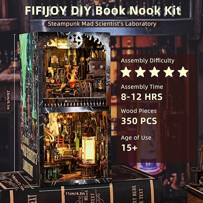 Book Nook Kit, Steampunk DIY Booknook Kits for Adults and Teens, 3D Wooden Puzzle Bookend Miniature Dollhouse Kit Creative Bookshelf Insert Decor with LED Light (Mad Scientist's Lab)