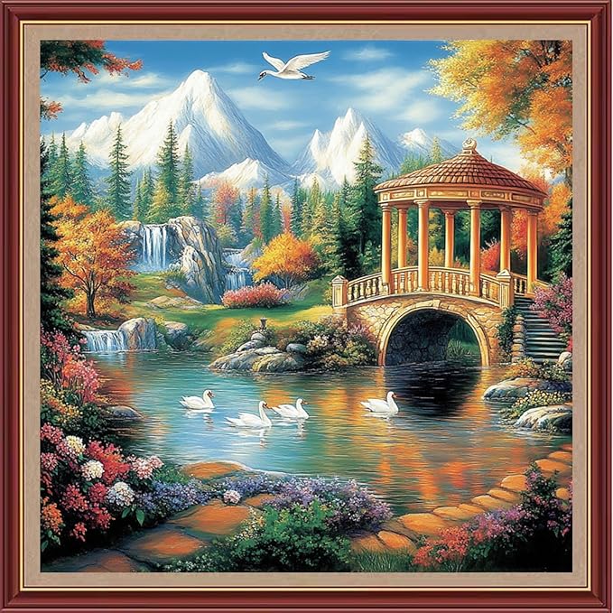 DMCXART Counted Cross Stitch Kits for Adults Needlepoint Kits Unprinted Cross Stitching Embroidery Kit 11CT Cross Stitch Supplies-Swan Lake Scenery 18x18 inch