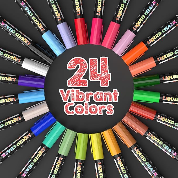 24-Color Liquid Chalk Markers Set, Erasable, Dust-Free, for Blackboard, Glass, Cars, Windows - Ideal for Teaching, Display, Creativity, Paint Pens, Dry Erase Markers