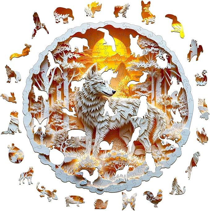 Wooden Puzzles for Adults, 3D Wolf Wooden Puzzles 100 Pieces, Unique Animal Shaped Wood Challenging Jigsaw Puzzles Gifts for Adults, 8.5x8.5in