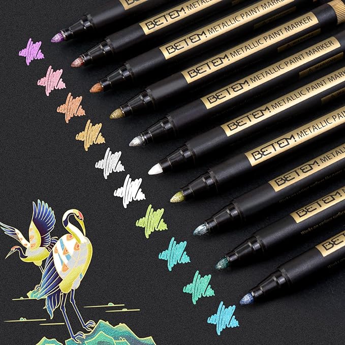 Betem Metallic Paint Markers, 10 Colors Acrylic Paint Metallic Markers for Black Paper, 2mm Medium Tips Glitter Pens Scrapbooking Supplies, Pumpkin Painting Kit for Rock Painting, Cards, Photo Albums