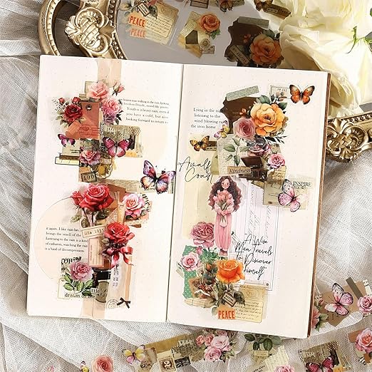 6Pcs Floral PET Tapes, Vintage Pre-Cut Tapes for Journaling, Scrapbooking, and Junk Journal Supplies, with Decorative Clip