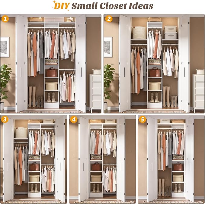 48" Small Closet Organizer, 4FT Small Closet System with 4 Closet Rods & 3 Shelves, 80"H Small Closet Organizers and Storage for Small Bedooms, Cloakrooms, Laundry Rooms, White