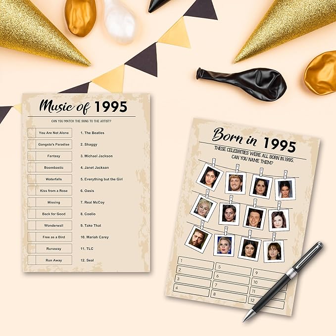 QUPT 30th Birthday Party Games, Set of 5 Activities for 10 Guests, Born in 1995 Games Bundle, Birthday Party Supplies for Adults, Pack of 50 Cards