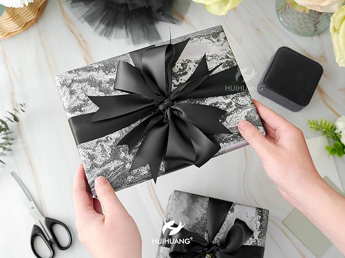 HUIHUANG Black Satin Ribbon 1-1/2 inch x 100 Yards Double-Faced Satin Ribbon for Flower Bouquet, Gift Wrapping, Eternal Roses, DIY Crafts, Bridal Shower Wedding Decor
