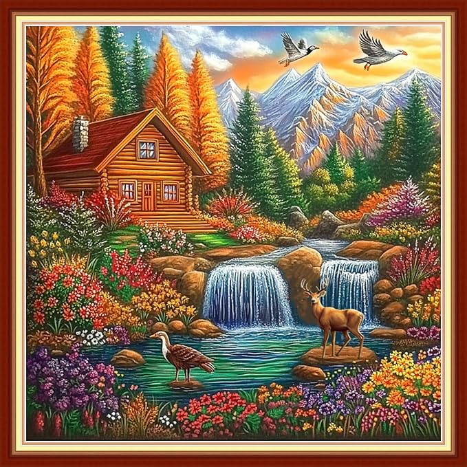 Joyhoor Cross Stitch Kits for Beginners Stamped Cross-Stitch Supplies Needlework preprint Embroidery Kits for Adults DIY Needlepoint Kits Embroidery Patterns 11CT-Autumn Waterfall Home 18x18 inchs