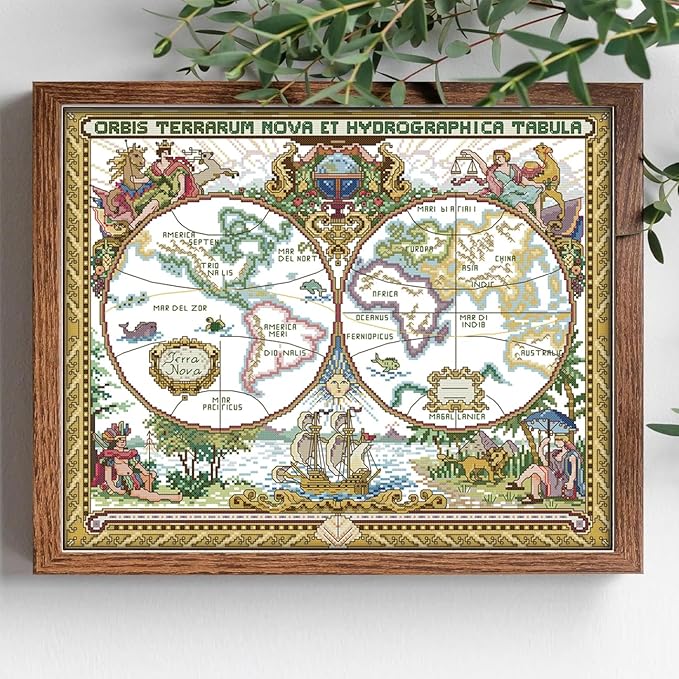 Maydiyer 14CT Counted Cross Stitch Kits Unprinted Embroidery Kit,Starter Kits for Beginners Needlework Sets-Old World Map 20×16.5 inch