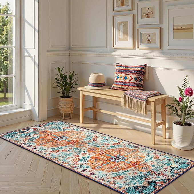 Lahome Bohemian Floral Medallion Runner Rug - 2'8" x 8' Oriental Distressed Hallway Runner Rug Country Vintage Washable Non-Slip Laundry Carpet Soft Low-Pile Indoor Mat for Entryway Bedside Decor