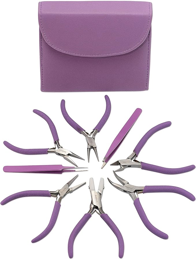 The Beadsmith Fashion Color Pliers – Set of 8 Slimline Color-Coordinated Tools – Matching Clutch in Orchid – Jewelry Making Supply Kit to Create Necklaces, Bracelets, Earrings & More