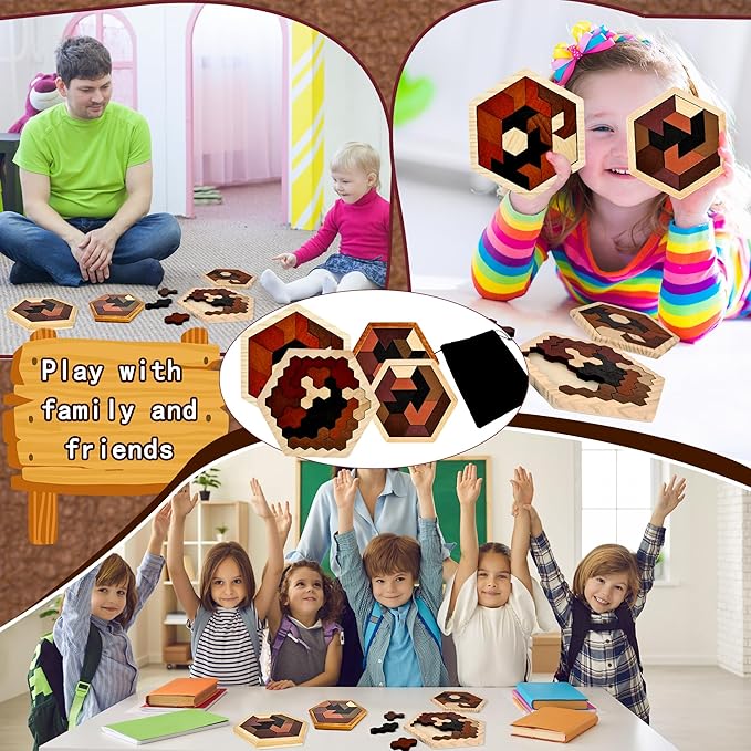 6 Pack Wooden Hexagon Tangram Puzzle Wood Tangram Block Puzzle Set with Storage Bag for Challenge Intelligence Teasers Logic Mind Game