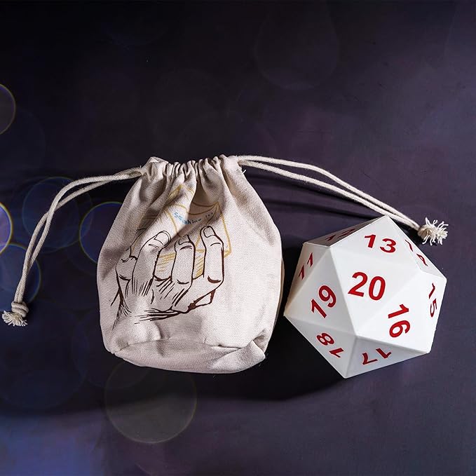Large D20 Foam DND Dice, 80mm Spindown D&D RPG 20 Sided Dice with Drawstring Bag for Role Playing Games （White ）