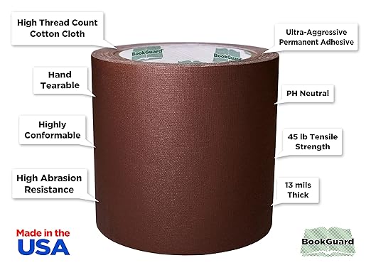 BookGuard 4 inch Premium Bookbinding Repair Cloth Tape, 15 Yard Roll, Brown