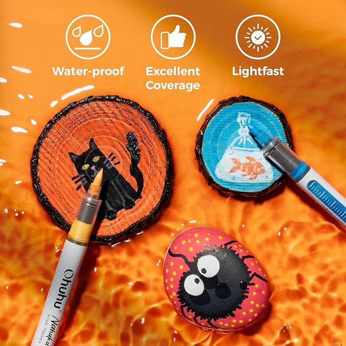 Ohuhu Acrylic Paint Markers Direct Liquid: 24 Colors Flexible Brush Tip Acrylic Markers High Opacity Paint Pens Waterproof Lightfast for Rock Easter Eggs Wood - Nahuku