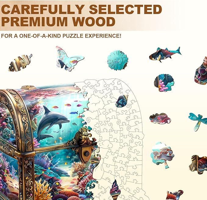 Wooden Puzzles for Adults, Treasure Chest Ocean Wooden Jigsaw Puzzle Unique Shape Animal Wood Puzzles Adult 3D Visual Effect, Birthday Gifts for Puzzle Lovers Family Games (S-8.5 * 8.1in-100pcs)