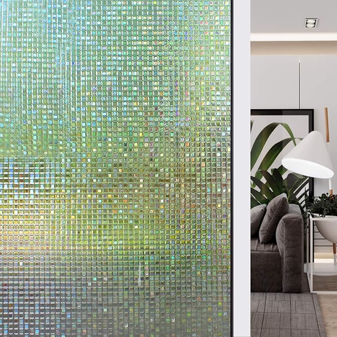 HIDBEA 3D Window Privacy Film - Rainbow Decorative Clings, Heat Control Vinyl Glass Tint, Mosaic Patterns - 17.5 x 78.7 Inches