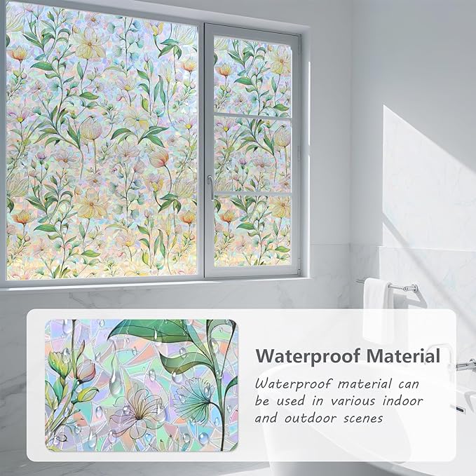 FINNEZ Window Privacy Film Stain Glass Film Flowers Rainbow Window Film Window Clings Non-Adhesive Reusable Decorative for Home（Forest Rainbow，23.6 Inch x 13.1 Feet）