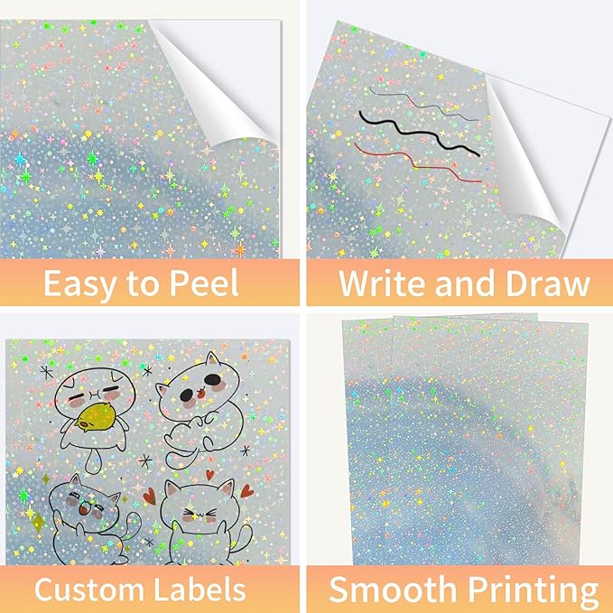 Printable Sticker Paper, 20 Sheets Printable Holographic Star Sticker Paper, Laser/Inkjet Printing- Holographic, Letter Size (8.5" x 11")