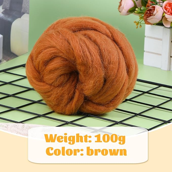 3.53oz Wool Roving Yarn, Wool Felting Supplies, Pure Wools, Chunky Yarn, Spinning Wool Roving for Needle Felting Wet Felting DIY Hand Spinning (Light Brown)