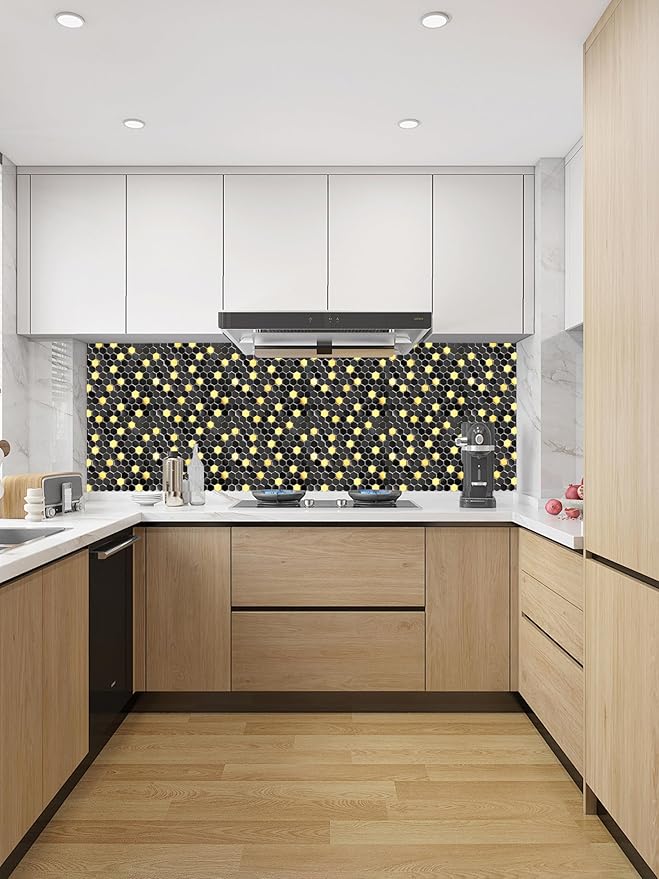 Blujellyfish Black and Gold Backsplash Wall Tiles Hexagon Mosaic Shower Floor Tile Kitchen Bathroom Tile (Box of 5 Sheets)