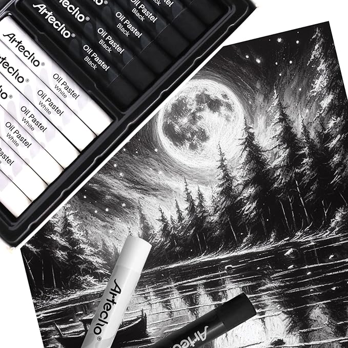 Artecho Oil Pastels Set of 12 PCS, 6 White and 6 Black, Crayons for Art Painting, Drawing, Blending (10 x 70 mm)