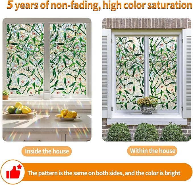 Window Privacy Film Stain Glass Window Film Rainbow Window Film Window clings Non-Adhesive Reusable Decorative for Room (Mistletoe Rainbow, 35.4 x 78.7 in)