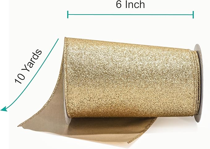 CT CRAFT LLC Glitter Wired Ribbon 6" x 10 Yards Light Gold for Christmas Home Decor Bow Gift Wrapping DIY Crafts Wreath