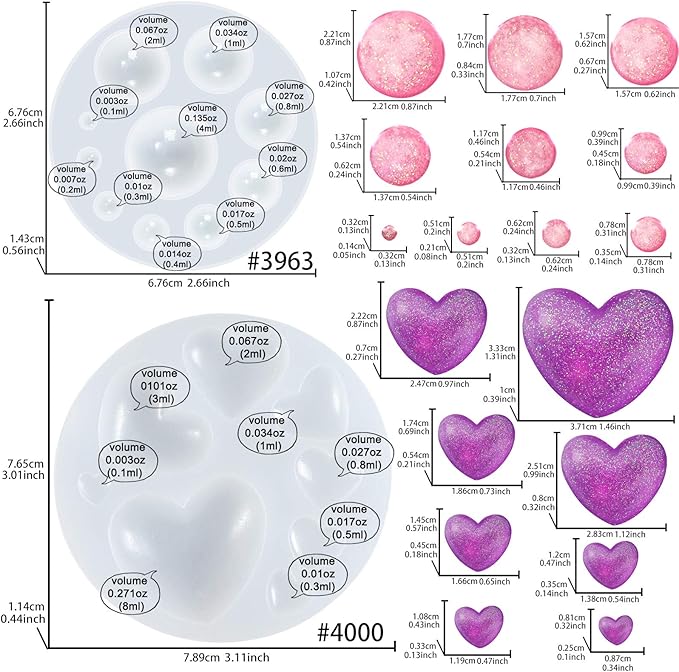 Cabochon Gemstone Epoxy Resin Casting Silicone Molds Include Heart, Dome Shapes for Fondant Cake Decoration, Polymer Clay Craft, Jewelry Making - 2 in Set