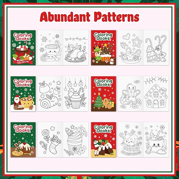 JAPBOR Christmas Food Coloring Books - 24PCS Mini Xmas Latte Color Book Bulk for Kids Party Favors, Merry Christmas Winter Small Colour Pages for School Class Drawing Painting Games