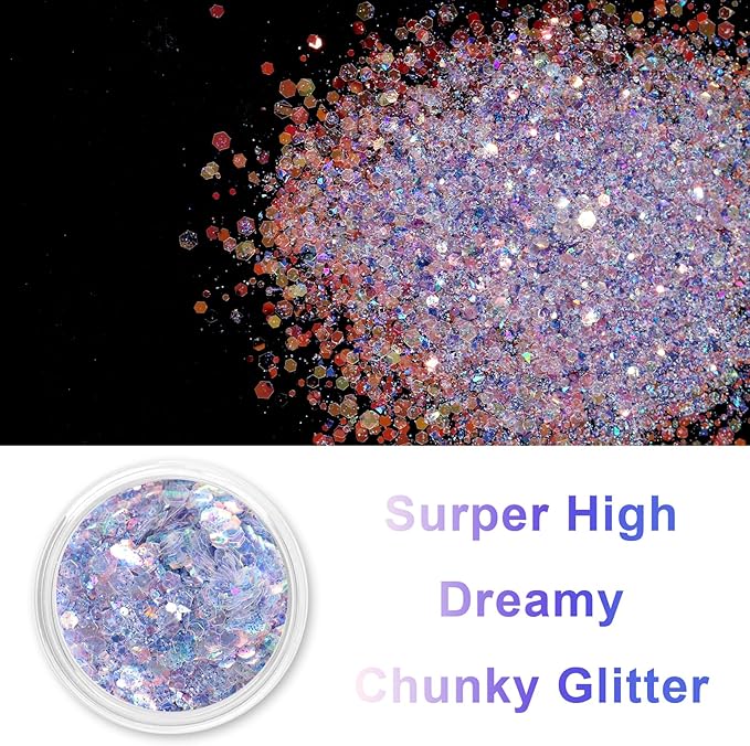 Renfio Opal Chunky Glitter, 1.75oz/50g Purple Glitter, Dreamy High Sparkle Glitter for Crafts Holographic Fine Glitter Mix Iridescent Glitters Flake for Resin Nails Art Hair DIY Snow - Elegant Lilac