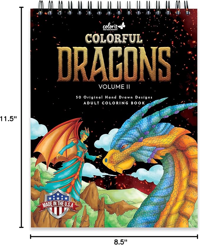 ColorIt Colorful Dragons Adult Coloring Book for Women, Volume II - 50 Single-Sided Designs, Thick Smooth Paper, Lay Flat Hardback Covers, Spiral Bound, Dragon Coloring Pages