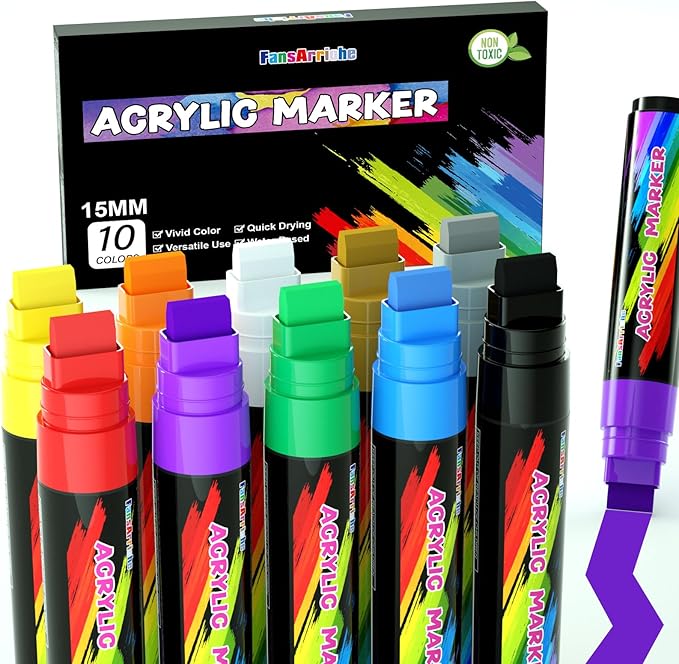 FansArriche Acrylic Paint Markers, 15mm Jumbo Felt Tip, 10 Colored Waterproof and Permanent Paint Pens for Tagging, Signs, Calligraphy, and Outdoor Paintings