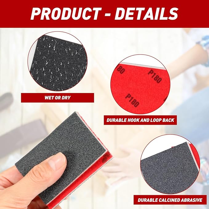 24 Pcs Sanding Sponge 240 Grit, Washable & Reusable Sanding Blocks for Wood, Metal, Drywall, Glazing, Wet Dry Sandpaper for Smooth Finishing