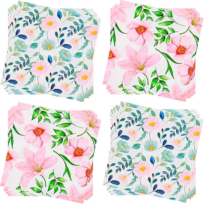 Paper Napkins 80 Pack 2 Ply Floral Beverage Luncheon Dinner Paper Napkins Flower Print Disposable Napkins for Wedding Anniversary Celebrations, 6.5X6.5 Inches Folded