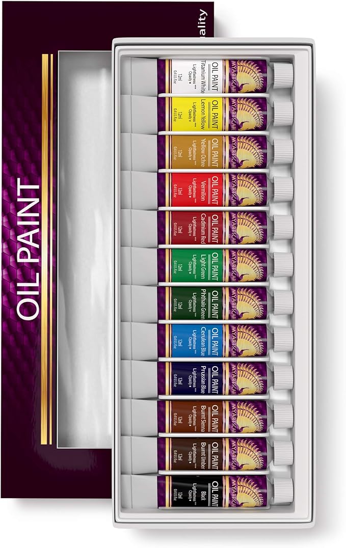 MyArtscape Oil Paint Set - 12 x 12ml Tubes - Lightfast - Heavy Body - Oil-based Vibrant Colors - High Pigment Load - Non-fading - Artist Quality Painting Supplies - Professional Craft Paints